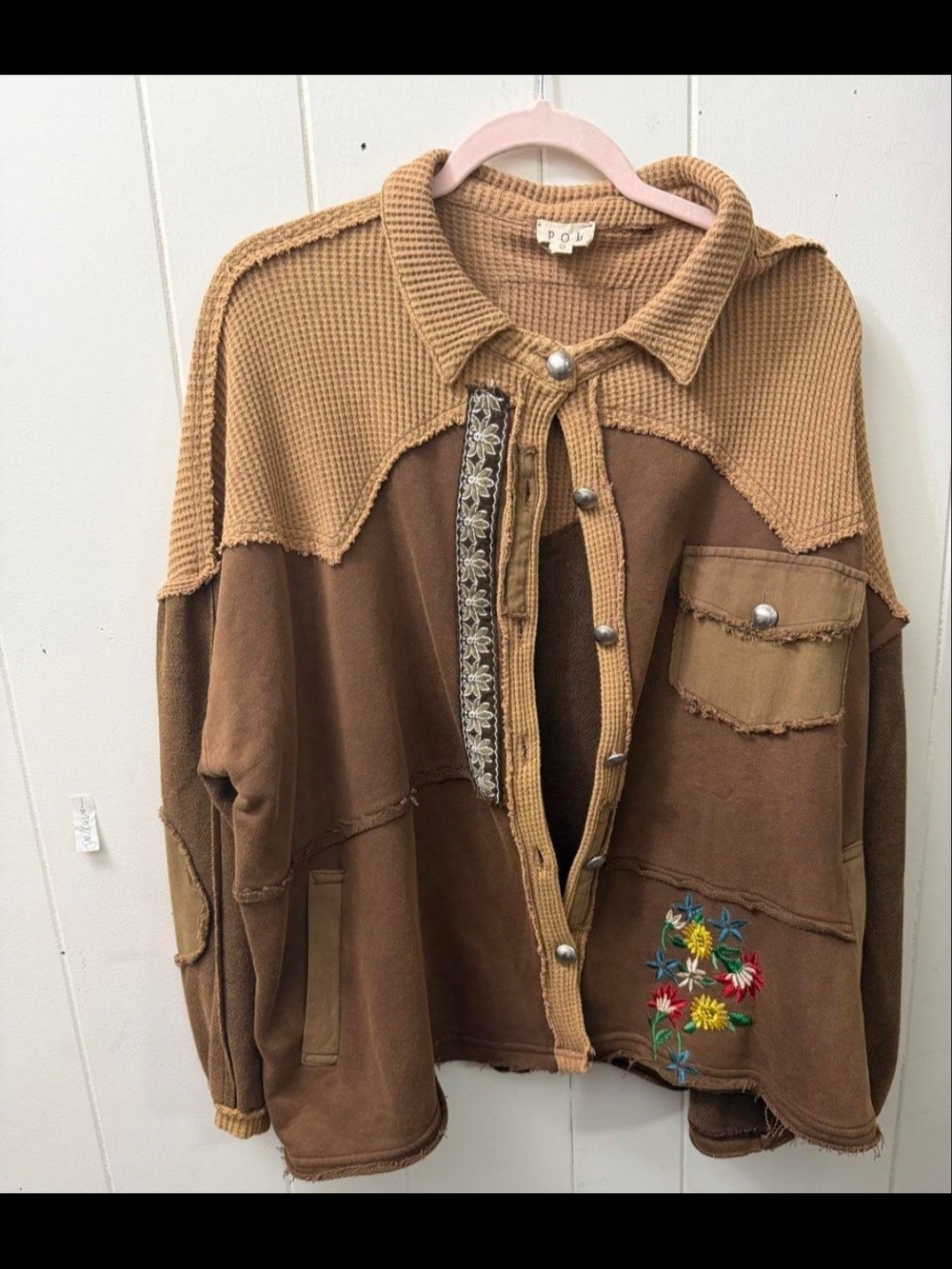 Pol Two-Tone Brown Patchwork Snap-Front Utility Jacket